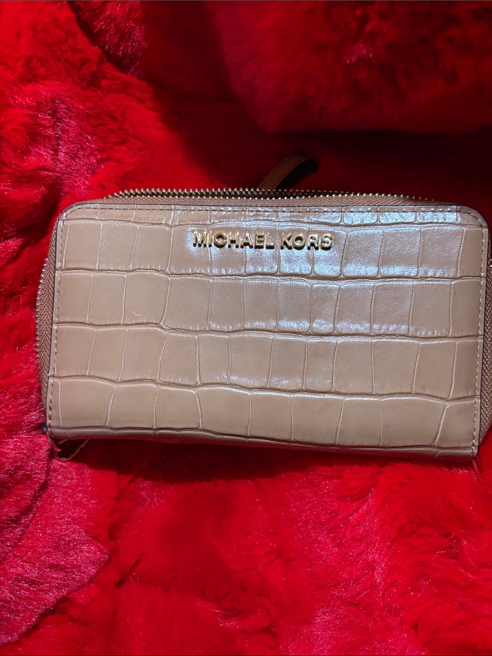 Michael Kors Taupe Croc-Embossed Zip-Around Wallet with Gold Logo